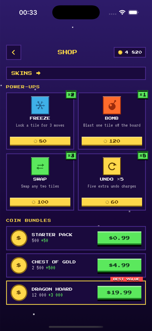 Shop with power-ups and coin bundles
